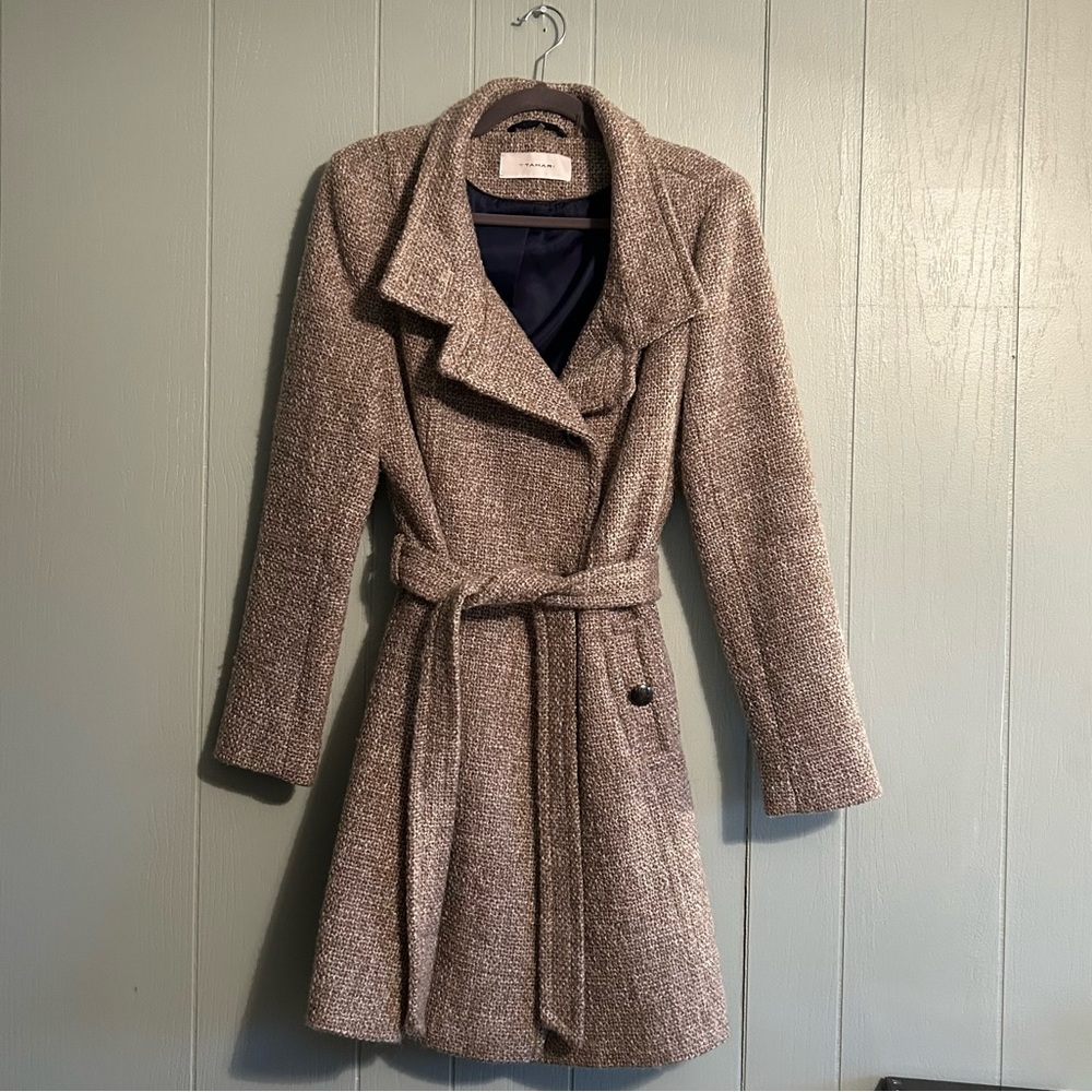 T Tahrai Wool Blend Belted Trench Coat Women’s Size 14 Color Mink / Macrame
